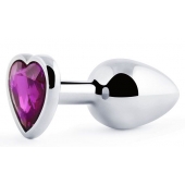Серебристая анальная пробка с фиолетовым кристаллом-сердечком - 8 см. - Anal Jewelry Plug - купить с доставкой в Златоусте