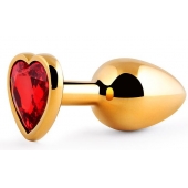 Золотистая анальная пробка с красным стразом-сердечком - 8 см. - Anal Jewelry Plug - купить с доставкой в Златоусте