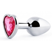 Серебристая анальная пробка с розовым кристаллом-сердечком - 7 см. - Anal Jewelry Plug - купить с доставкой в Златоусте