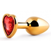 Золотистая анальная пробка с красным стразом-сердечком - 7 см. - Anal Jewelry Plug - купить с доставкой в Златоусте