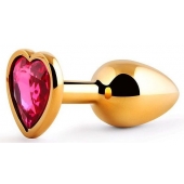 Золотистая анальная пробка с малиновым кристаллом-сердечком - 7 см. - Anal Jewelry Plug - купить с доставкой в Златоусте