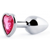 Серебристая анальная пробка с малиновым кристаллом-сердечком - 7 см. - Anal Jewelry Plug - купить с доставкой в Златоусте
