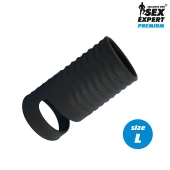 Черная открытая насадка на пенис с кольцом для мошонки L-size - 8,5 см. - Sex Expert - в Златоусте купить с доставкой