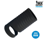 Черная открытая насадка на пенис с кольцом для мошонки XXL-size - 9,4 см. - Sex Expert - в Златоусте купить с доставкой