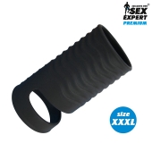 Черная открытая насадка на пенис с кольцом для мошонки XXXL-size - 9,9 см. - Sex Expert - в Златоусте купить с доставкой