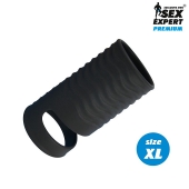 Черная открытая насадка на пенис с кольцом для мошонки XL-size - 8,9 см. - Sex Expert - в Златоусте купить с доставкой