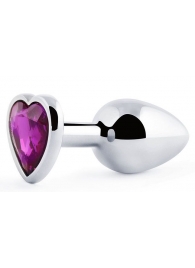 Серебристая анальная пробка с фиолетовым кристаллом-сердечком - 8 см. - Anal Jewelry Plug - купить с доставкой в Златоусте