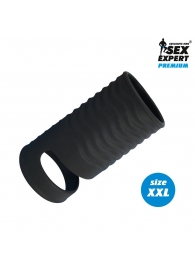 Черная открытая насадка на пенис с кольцом для мошонки XXL-size - 9,4 см. - Sex Expert - в Златоусте купить с доставкой