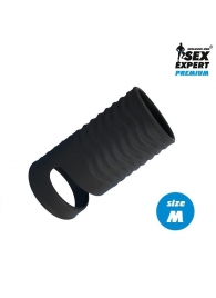 Черная открытая насадка на пенис с кольцом для мошонки size M - 7,9 см. - Sex Expert - в Златоусте купить с доставкой