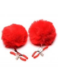 Красные зажимы на соски с помпонами Pom Pom - XR Brands - купить с доставкой в Златоусте