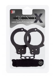 Чёрные наручники из листового металла в комплекте с веревкой BONDX METAL CUFFS LOVE ROPE SET - Dream Toys - купить с доставкой в Златоусте