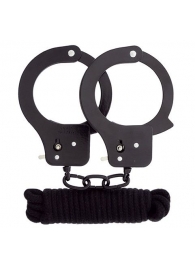 Чёрные наручники из листового металла в комплекте с веревкой BONDX METAL CUFFS LOVE ROPE SET - Dream Toys - купить с доставкой в Златоусте