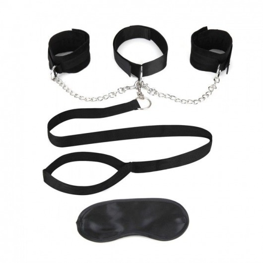 Чёрный ошейник с наручниками и поводком Collar Cuffs   Leash Set - Lux Fetish - купить с доставкой в Златоусте