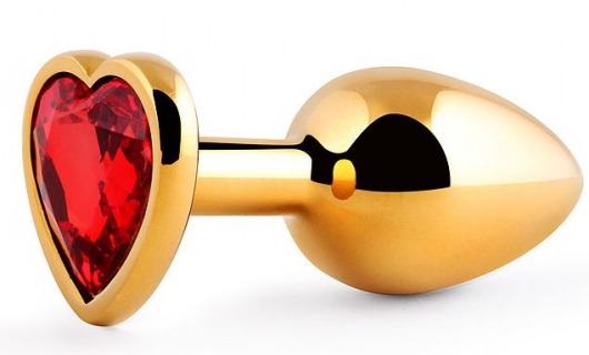 Золотистая анальная пробка с красным стразом-сердечком - 8 см. - Anal Jewelry Plug - купить с доставкой в Златоусте