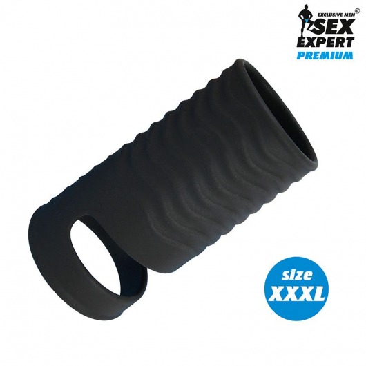 Черная открытая насадка на пенис с кольцом для мошонки XXXL-size - 9,9 см. - Sex Expert - в Златоусте купить с доставкой