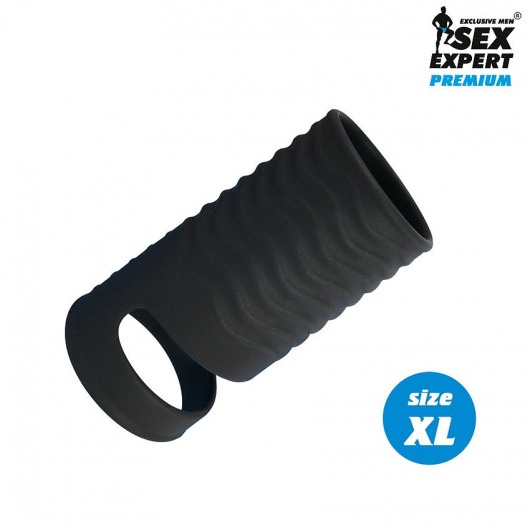 Черная открытая насадка на пенис с кольцом для мошонки XL-size - 8,9 см. - Sex Expert - в Златоусте купить с доставкой