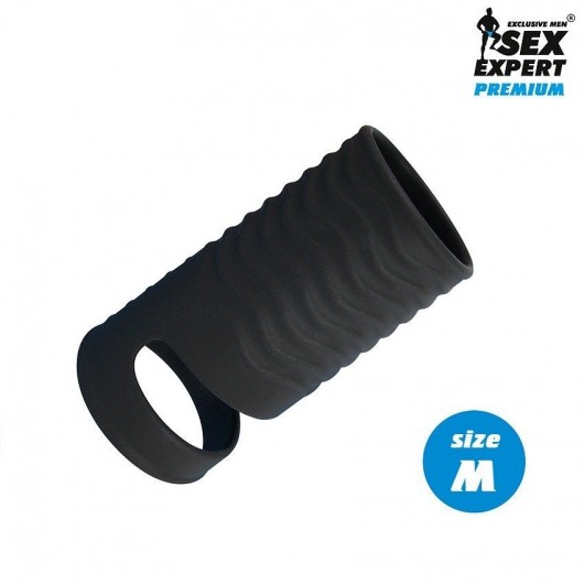 Черная открытая насадка на пенис с кольцом для мошонки size M - 7,9 см. - Sex Expert - в Златоусте купить с доставкой