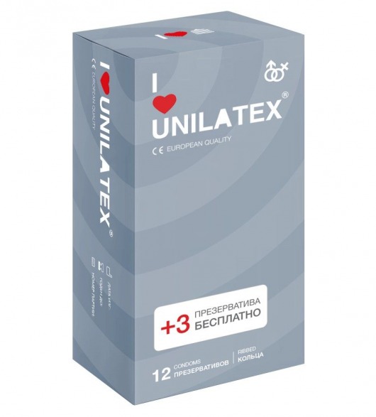 Презервативы с рёбрами Unilatex Ribbed - 12 шт. + 3 шт. в подарок - Unilatex - купить с доставкой в Златоусте